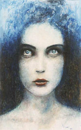 Ana - Female in Blue, oil on wooden shape. Dated 1999. 50x70 cm
